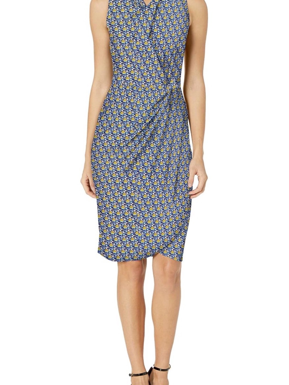 Lark & Ro Blue and Yellow Floral Midi Sheath Dress